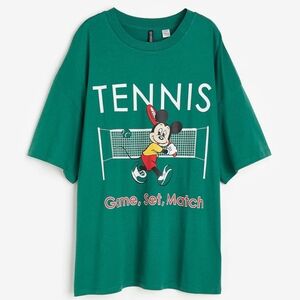 Disney Mickey Mouse Cartoon Tennis Oversized Graphic Tee Drop Shoulder - Large